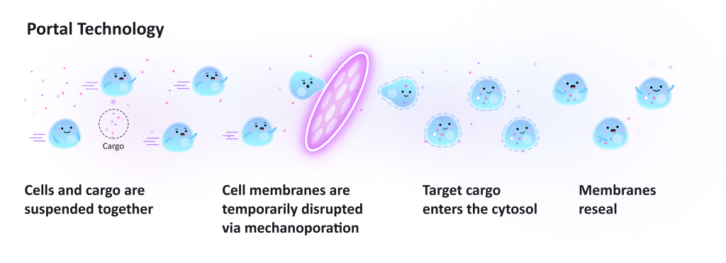 A diagram of how Portal Biotechnologies' Galaxy can introduce cargo of many sizes with gentle mechanical pressure and a thin layer of silicon