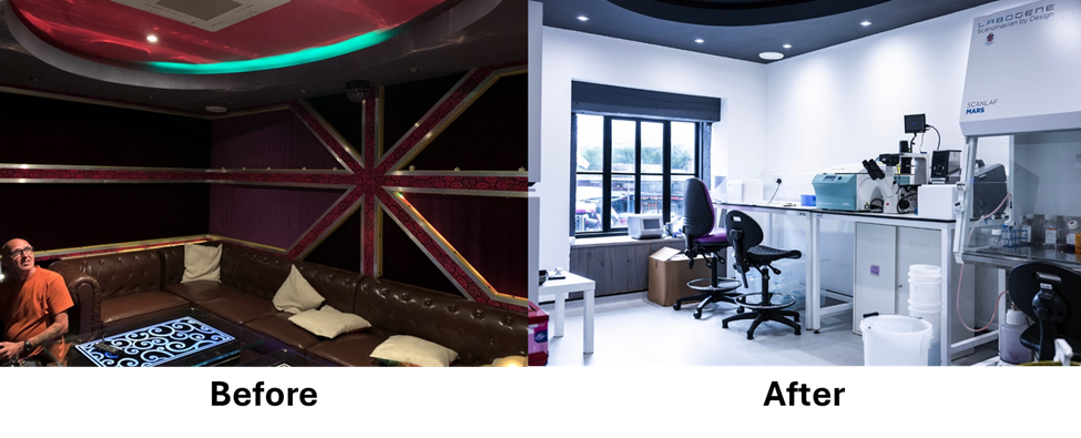 Before-after of Unicorn Biotechnologies converting a bar into a biotech lab space