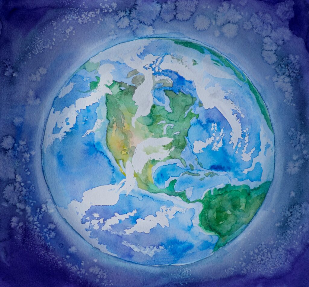 Planet Earth painted by watercolour in a blue background, by Elena Mozhvilo