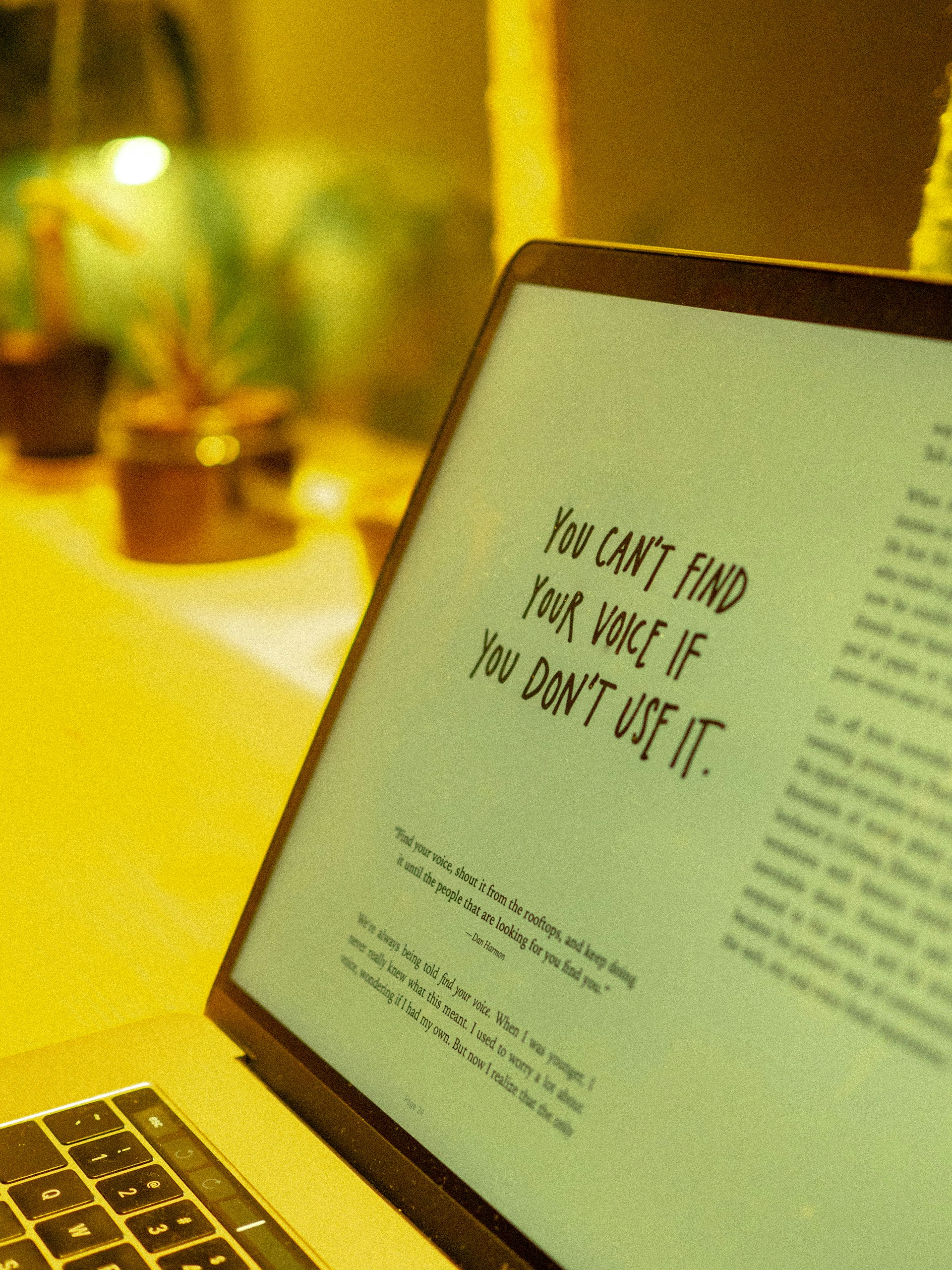 A Macbook displaying the text "You Can't Find Your Voice if you Don't Use it"