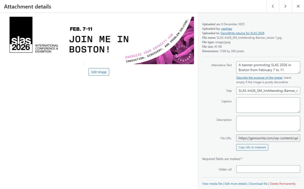 The WordPress picture menu within the media library, with alternative text to the right.